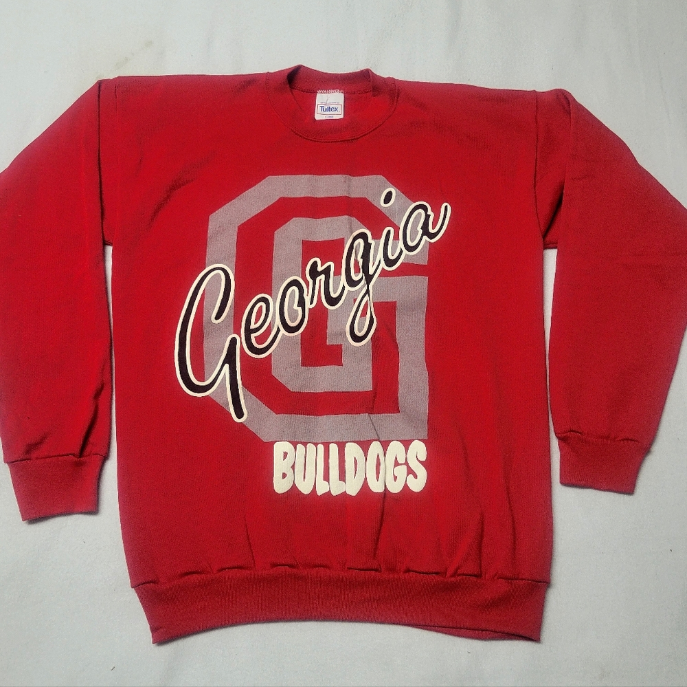 Vtg Georgia Bulldogs Sweatshirt Jumper Script Spellout Puffy Print 90s Crewneck